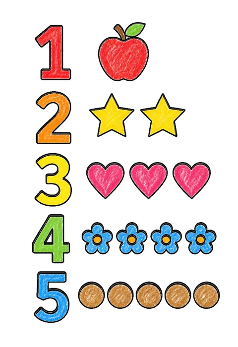 Completed crayon-colored example of the Tracing numbers 1 to 5 coloring page
