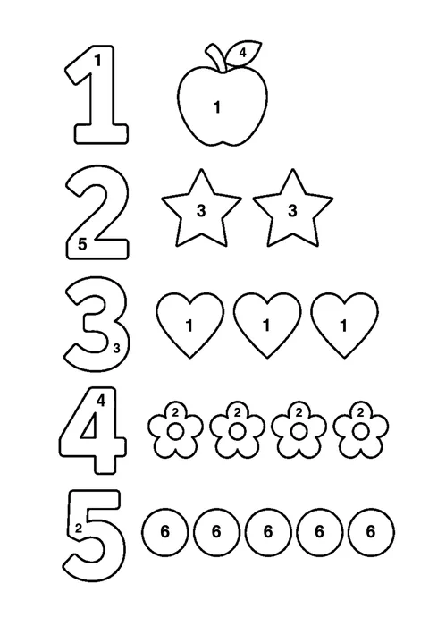Tracing numbers 1 to 5 coloring page with numbered areas and a color key for color by number