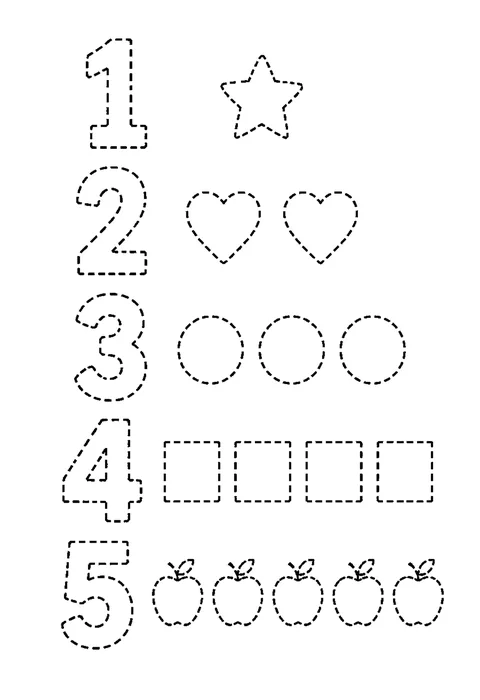 Tracing outline of numerals 1 to 5 in a column, drawn in dotted lines.