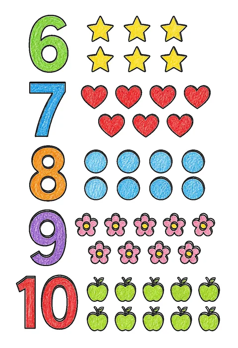Completed crayon-colored example of the Tracing numbers 6 to 10 coloring page