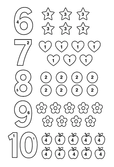 Tracing numbers 6 to 10 coloring page with numbered areas and a color key for color by number