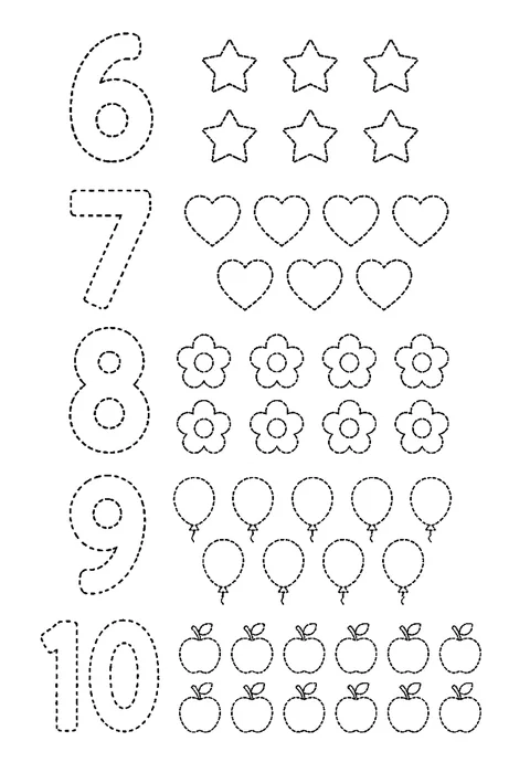 Tracing outline of numerals 6 to 10 in a column, drawn in dotted lines.