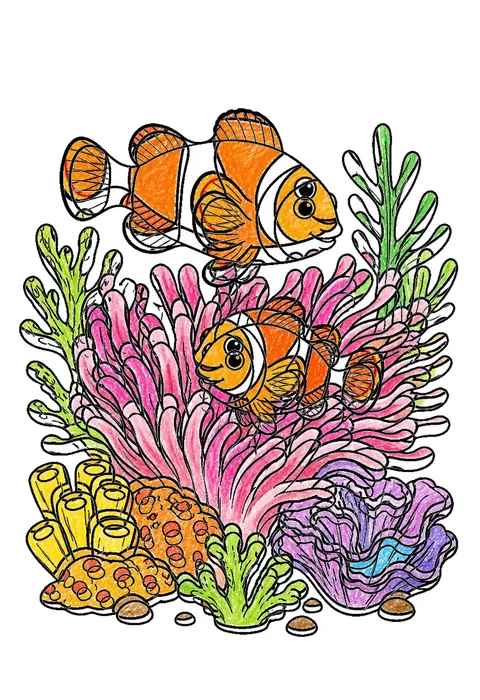 Completed crayon-colored example of the Clownfish in coral coloring page
