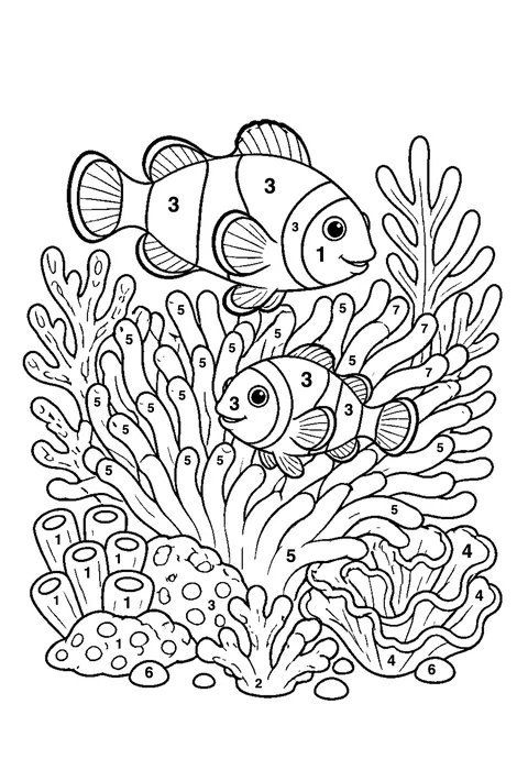 Clownfish in coral coloring page with numbered areas and a color key for color by number