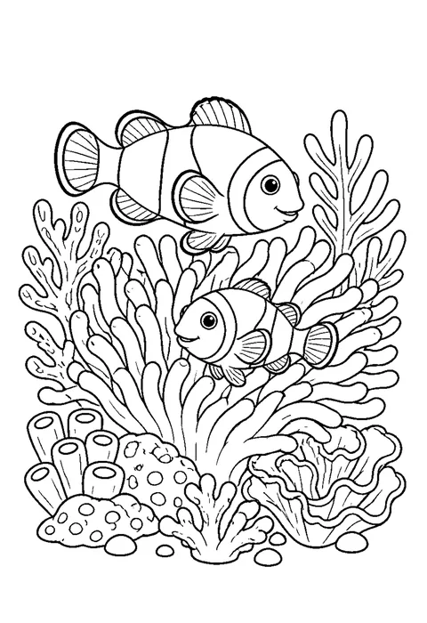 Detailed outline drawing of a striped clownfish among the soft tentacles of a sea anemone.