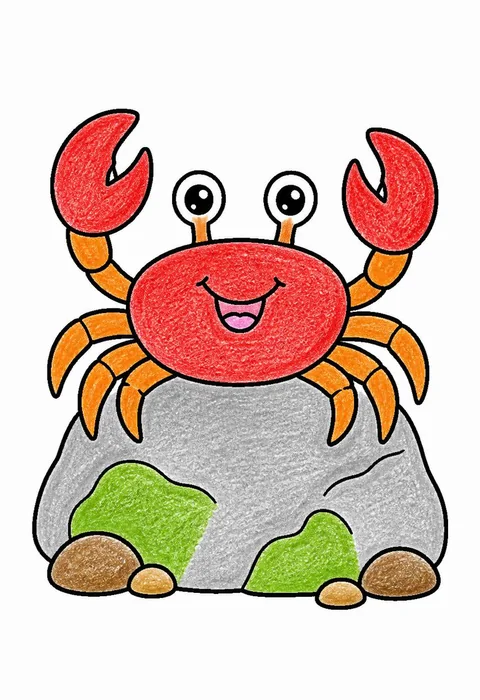 Completed crayon-colored example of the Crab on a rock coloring page