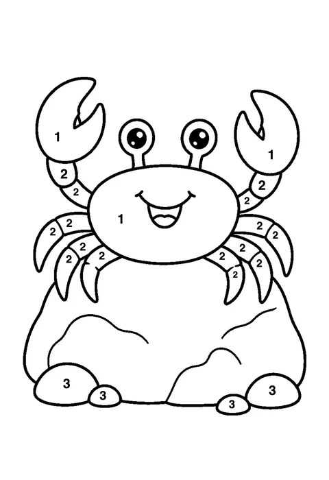 Crab on a rock coloring page with numbered areas and a color key for color by number