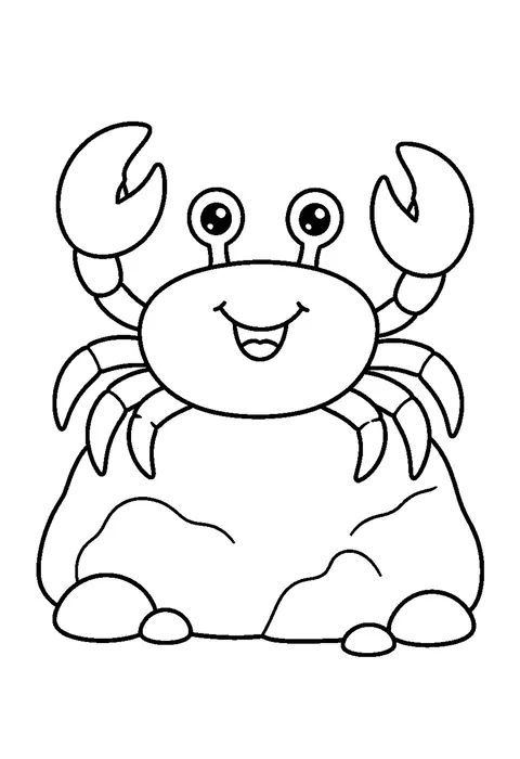 Line drawing of a crab standing on a rock with both claws raised and eyes on stalks.