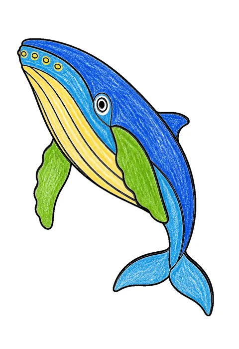 Completed crayon-colored example of the Humpback whale coloring page
