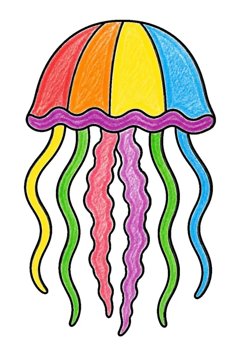 Completed crayon-colored example of the Jellyfish with long tentacles coloring page