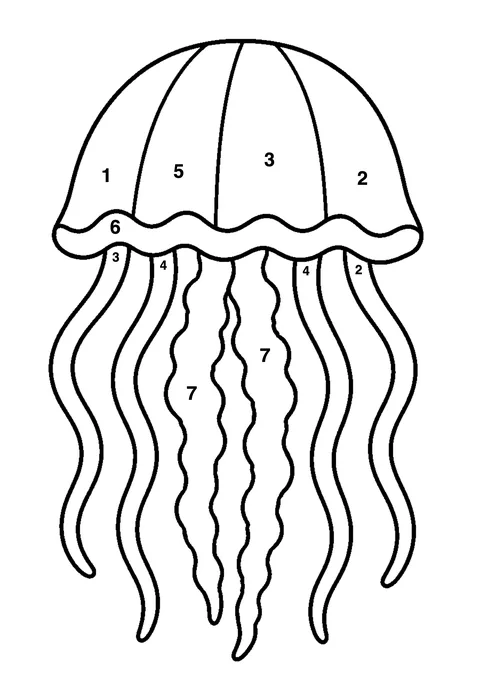Jellyfish with long tentacles coloring page with numbered areas and a color key for color by number