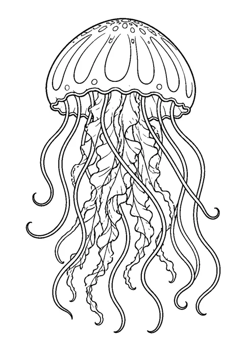 Detailed outline drawing of a jellyfish with a domed bell and long tentacles trailing in loose curves.