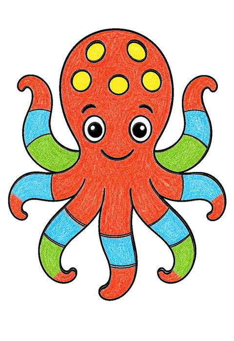Completed crayon-colored example of the Octopus with curly arms coloring page