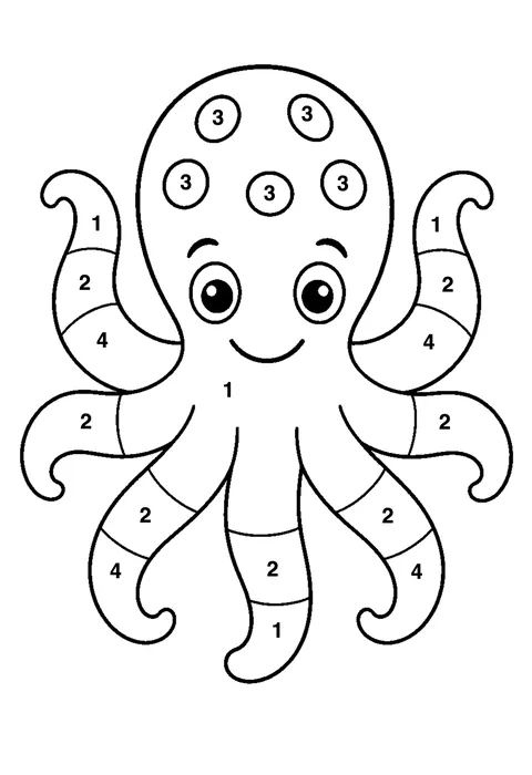Octopus with curly arms coloring page with numbered areas and a color key for color by number