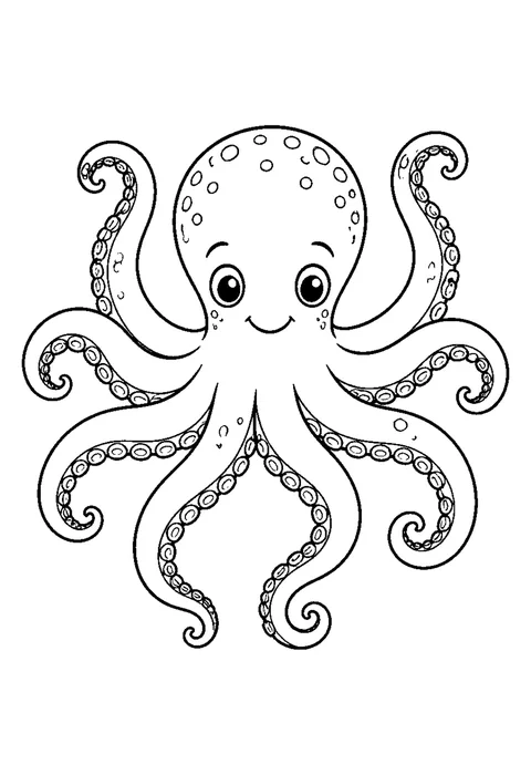 Detailed outline drawing of an octopus with eight curling arms and suckers drawn along the undersides.