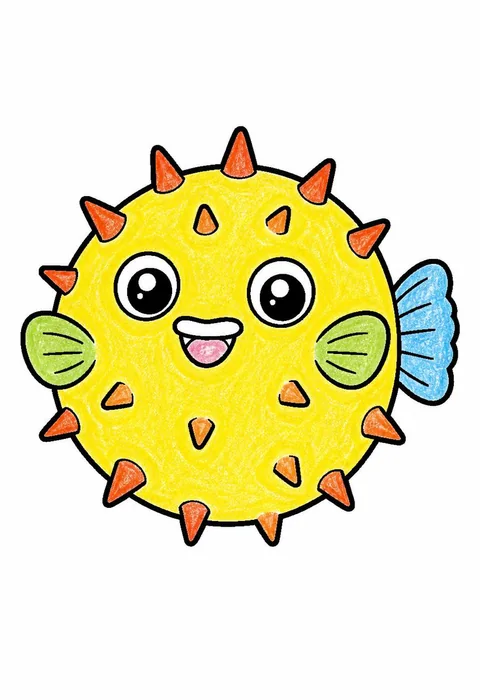 Completed crayon-colored example of the Pufferfish puffed up coloring page