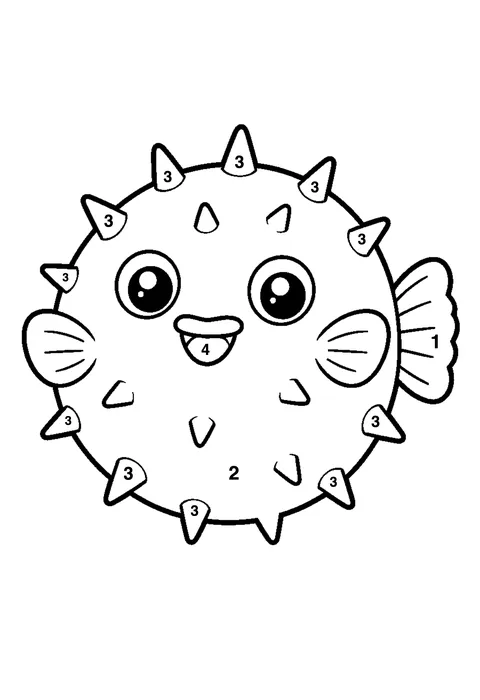 Pufferfish puffed up coloring page with numbered areas and a color key for color by number