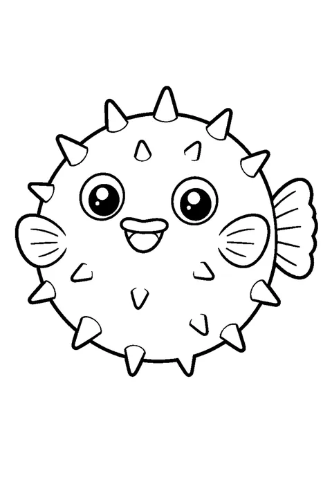 Line drawing of a pufferfish inflated into a ball with short spines all over and round eyes.