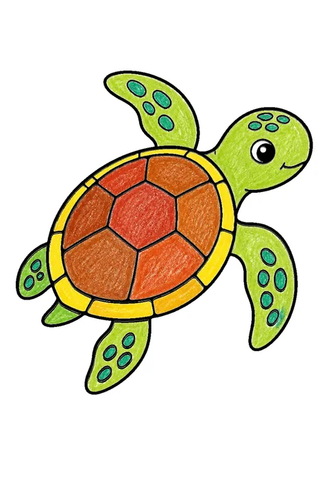 Completed crayon-colored example of the Sea turtle swimming coloring page