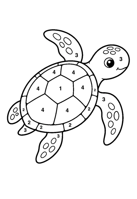 Sea turtle swimming coloring page with numbered areas and a color key for color by number