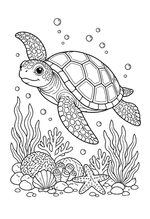 Detailed outline drawing of a sea turtle swimming with front flippers extended, its shell divided into plates.