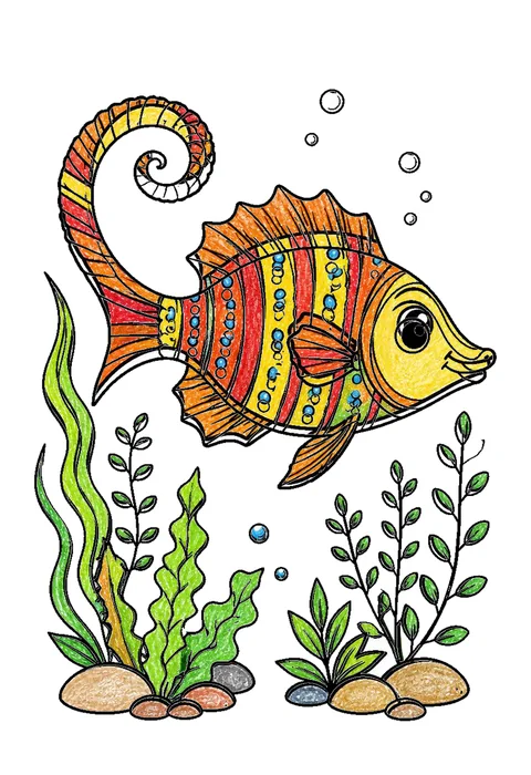 Completed crayon-colored example of the Seahorse among seaweed coloring page