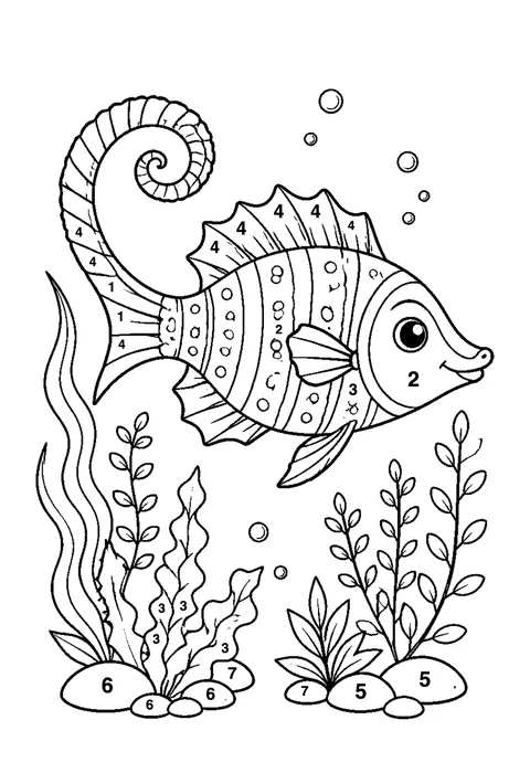 Seahorse among seaweed coloring page with numbered areas and a color key for color by number