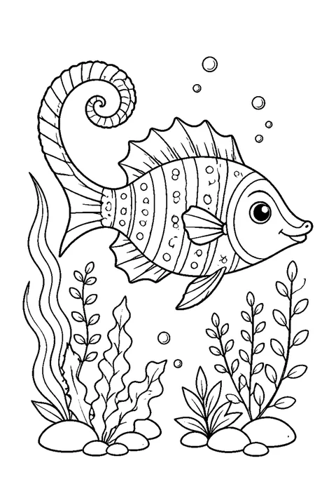 Detailed outline drawing of a seahorse with a curled tail holding onto seaweed, its body drawn in fine ridges.