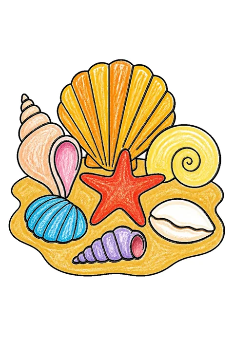 Completed crayon-colored example of the Seashell collection coloring page