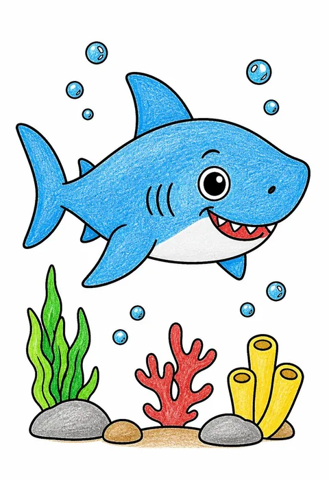 Completed crayon-colored example of the Shark in the deep coloring page