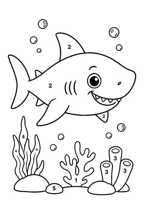 Shark in the deep coloring page with numbered areas and a color key for color by number