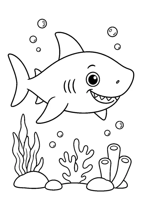 Line drawing of a shark swimming with a closed mouth and a tall dorsal fin, drawn in bold outlines.