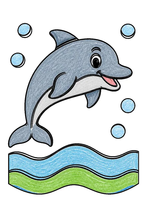 Completed crayon-colored example of the Smiling dolphin coloring page