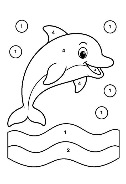 Smiling dolphin coloring page with numbered areas and a color key for color by number