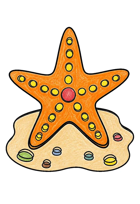 Completed crayon-colored example of the Starfish on the sand coloring page