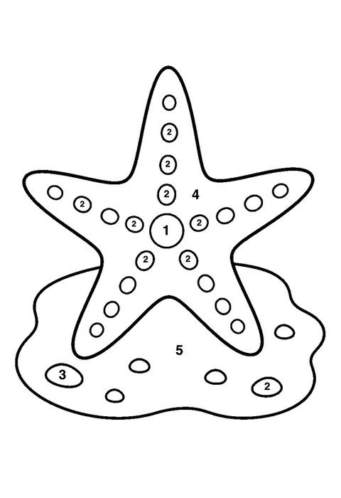 Starfish on the sand coloring page with numbered areas and a color key for color by number