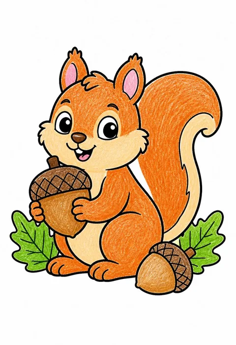Completed crayon-colored example of the Autumn acorn and squirrel coloring page