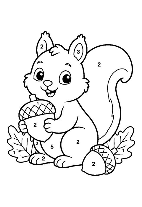 Autumn acorn and squirrel coloring page with numbered areas and a color key for color by number