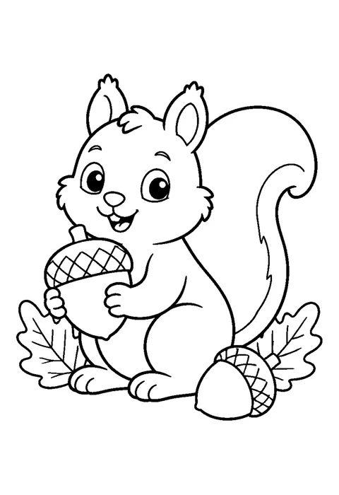 Line drawing of a squirrel sitting up holding an acorn, with two more acorns on the ground.