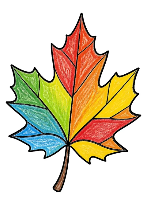 Completed crayon-colored example of the Autumn maple leaves coloring page