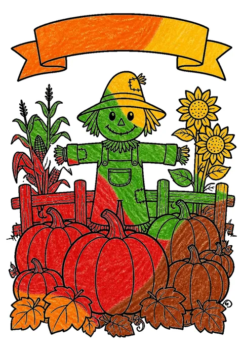 Completed crayon-colored example of the Autumn pumpkin patch coloring page