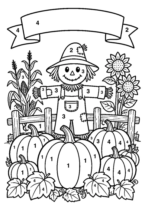 Autumn pumpkin patch coloring page with numbered areas and a color key for color by number