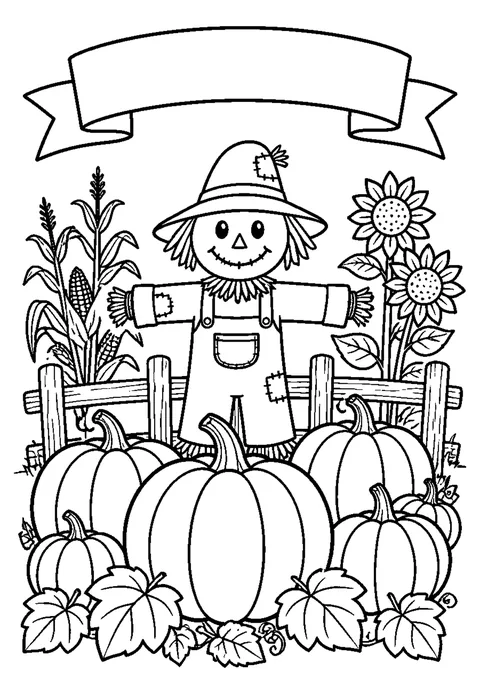 Bold line drawing of three pumpkins of different sizes among leaves, with an empty banner on top.