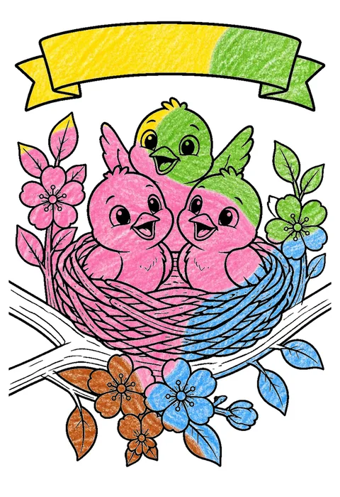 Completed crayon-colored example of the Spring baby birds coloring page