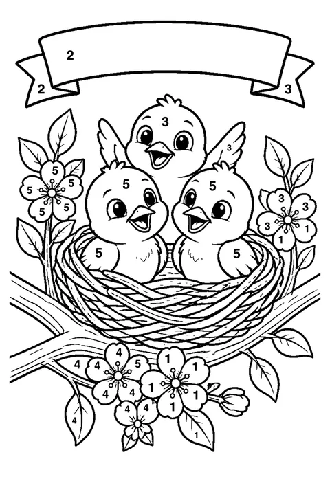 Spring baby birds coloring page with numbered areas and a color key for color by number