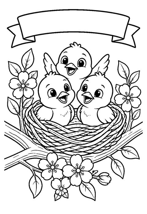 Bold line drawing of three baby birds in a nest with their beaks open, under an empty banner.