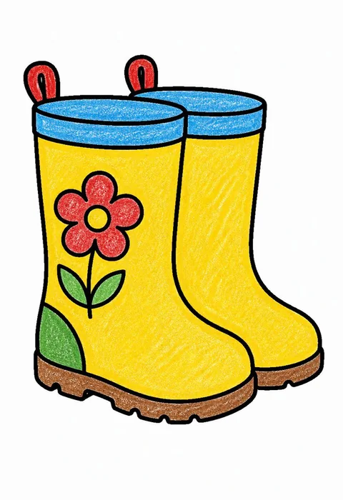 Completed crayon-colored example of the Spring rain boots coloring page