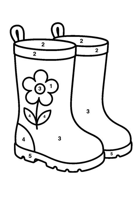 Spring rain boots coloring page with numbered areas and a color key for color by number