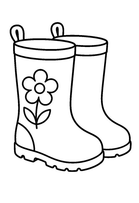 Line drawing of a pair of rain boots standing in a puddle with two raindrops falling.