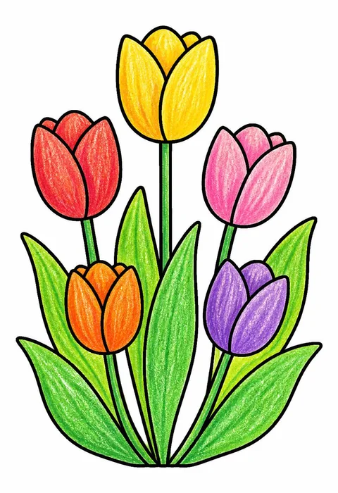 Completed crayon-colored example of the Spring tulip patch coloring page